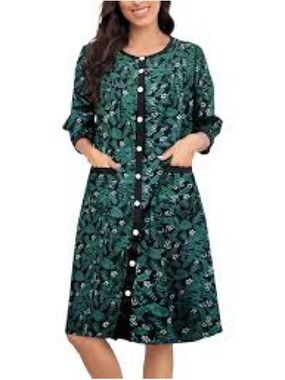 Bloggerlove Womens Snap Front House Coat Sz 3X Cotton Blend Green Black Robe